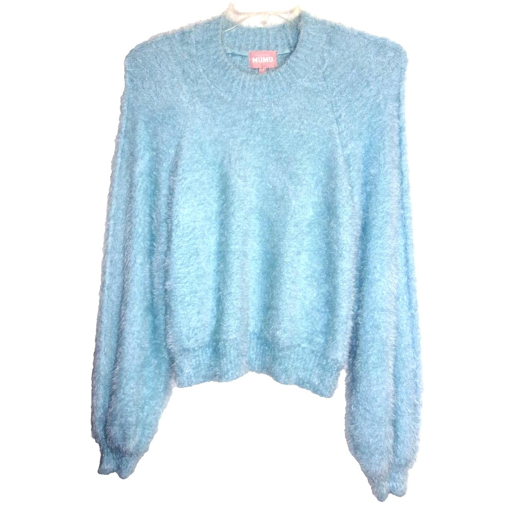 Show Me Your MUMU Women Vienna Sweater M Frosty Blue Knit Shaggy Furry Winter
